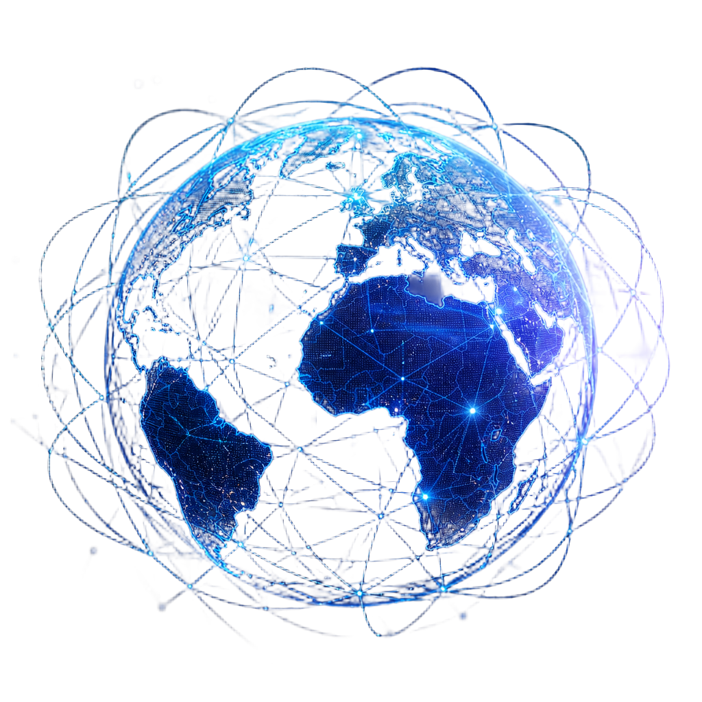 Illustration of a glowing digital globe connected by a worldwide technology network